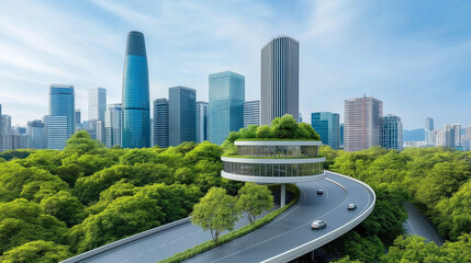 A delicate balance between the urban and the natural, as towering skyscrapers are embraced by lush greenery,Harmonious,Metropolis.	