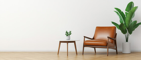 Contemporary Minimalist Living Room, featuring a leather armchair, sleek table, white walls, and warm wood flooring, exuding elegance and simplicity.