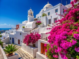 Naklejka premium Charming Whitewashed Buildings Adorned with Colorful Bougainvillea Under a Bright Blue Sky in Santorini, Greece - A Serene Mediterranean Scene for Travel Enthusiasts