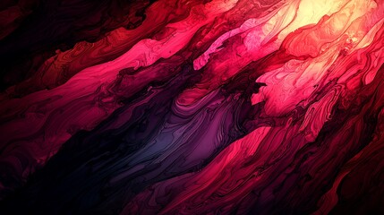 Abstract painting with swirling red and purple colors and a yellow glow in the top right corner.