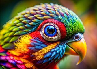 Close-Up of a Colorful Bird's Eye with Tilt-Shift Photography Effect, Showcasing Vibrant Feathers and Intricate Details in a Miniature Landscape Setting