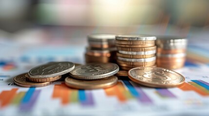Cryptocurrency and fiat money coins are stacked on financial charts, representing innovative production, investment strategies, and the evolving landscape of global finance
