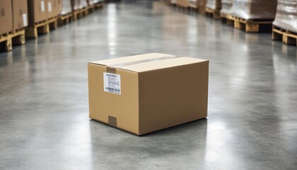 A cardboard box in a warehouse setting, ready for shipping or storage.
