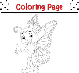 Cute and happy Butterfly coloring page for kids. Black and white Moth coloring book page.