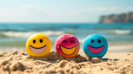 Three colorful happy face emojis on the sand near the beach