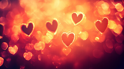 Romantic hearts bokeh background, perfect for Valentine's Day, love, or wedding themes.  Red and orange tones create a warm, passionate atmosphere.