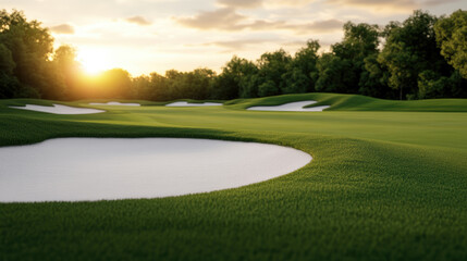 Naklejka premium Tranquil Sunrise Over Golf Course, peaceful landscape bathed in soft morning light, lush greens and open skies inviting reflection and calm.