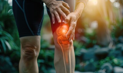An individual grips their knee, with an area highlighted to indicate joint pain or injury, symbolizing health issues related to physical discomfort and the need for care