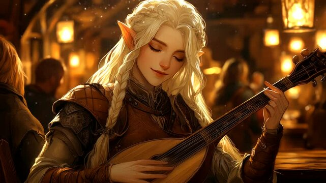 Graceful elf playing a lute in a cozy medieval tavern illuminated by warm golden lights creating a serene ambiance. Fantasy concept