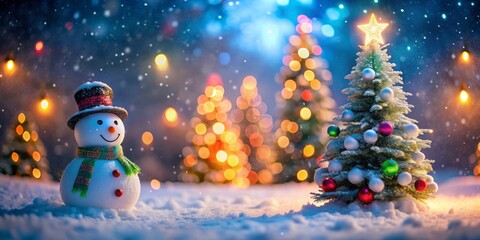 Obraz premium Enchanted Winter Scene: A Charming Snowman Next to a Colorfully Lit Christmas Tree in a Majestic Snowy Forest Setting, Perfect for Holiday Cheer and Seasonal Decor