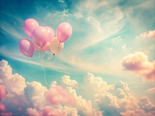 Fototapeta premium Enchanting Retro Vintage Sky Filled with Pink Balloons and Soft Dreamy Clouds, Perfect for Celebrating Joyful Moments, Nostalgic Vibes, and Whimsical Adventures in the Air
