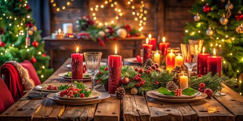 Enchanting Christmas Eve Dinner Setting with Candles, Red Accents, and Festive Greenery for a Heartwarming Celebration