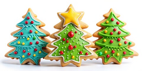 Fototapeta premium Festive 3D Christmas Cookie Shapes Featuring Stars and Trees in Vibrant Frosting, Isolated on a Clean White Background, Perfect for Holiday Wallpaper and Illustration Designs