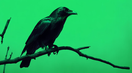 Naklejka premium A crow perched on a branch with a green chroma screen background, ready for keying and video editing. Chroma. Illustration