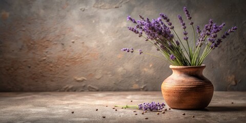 Handcrafted Clay Vase on Concrete Surface with Scattered Dried Lavender &ndash; A Minimalist Display of Nature's Elegance Captured in Perfect Balance Through the Rule of Thirds