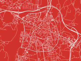 Christmas Map of Torrelavega, Spain in Snowy White on Festive Red Background.