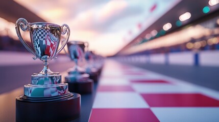 Victory Lane: A Row of Trophies on a Checkered Race Track