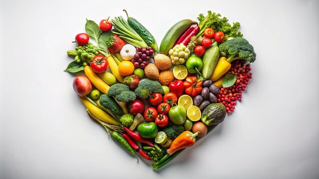 Heart-Shaped Fresh Vegetables and Fruits Isolated on White Background for World Vegan Day Celebration, Promoting Healthy Living and Plant-Based Lifestyle Choices