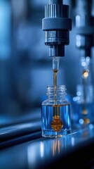 Automated filling process of skincare product bottles. Liquid ingredients dispensed into clear glass bottles. Modern tech, precision evident in production line. Focused view highlights efficiency,