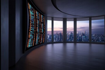 Futuristic fintech trading floor with holographic screens displaying real-time data and analytics