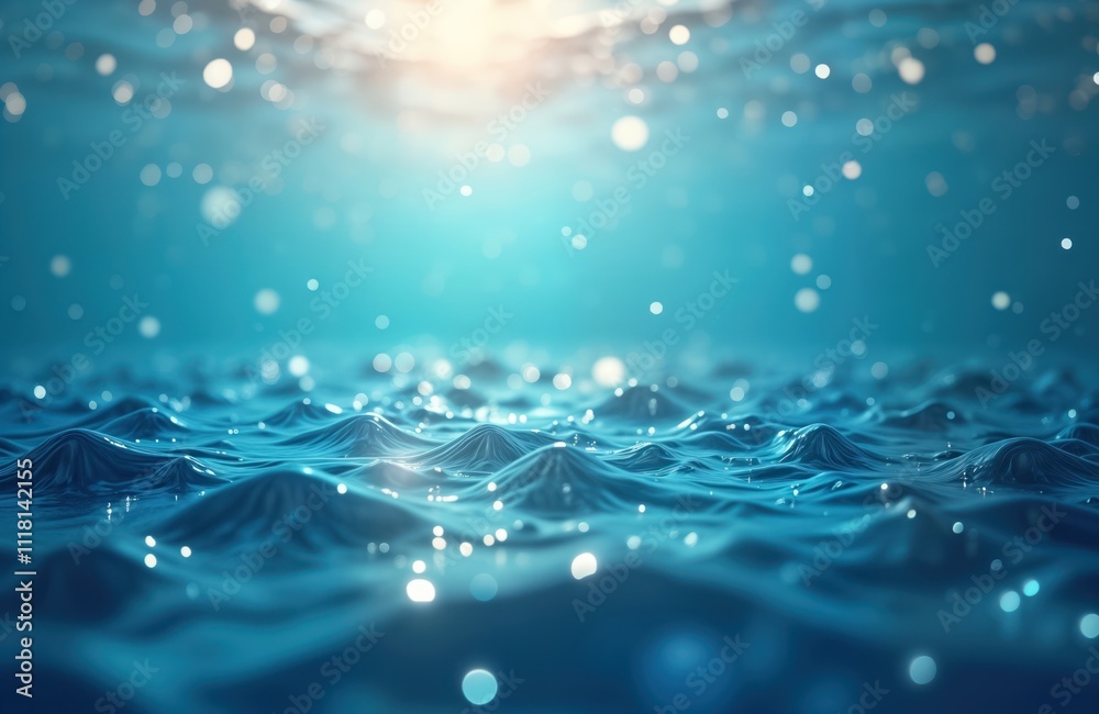 Poster abstract blue water surface with gentle waves, light reflections. ripples, light caustic effect crea