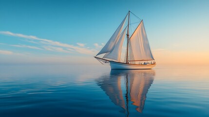 Fototapeta premium Tranquil maritime scene capturing&nbsp;sailboat on mirror-like ocean&nbsp;surface under crystal clear blue sky, showcasing peaceful seascape with white sail yacht.