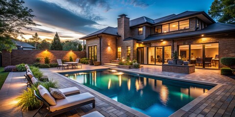 Fototapeta premium Modern Brick Home with Spacious Patio and Inviting Pool in Low Light, Capturing the Elegance of Evening Ambiance and Contemporary Architecture