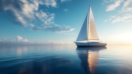Fototapeta premium Tranquil maritime scene capturing&nbsp;sailboat on mirror-like ocean&nbsp;surface under crystal clear blue sky, showcasing peaceful seascape with white sail yacht.