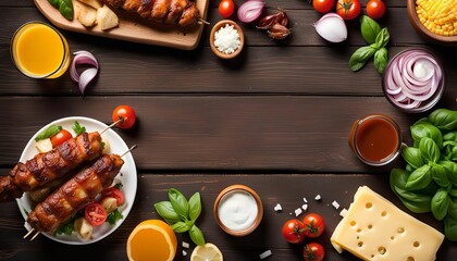 Delicious Food Ingredients on Rustic Wooden Background