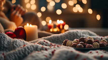 A cozy Valentine's Day evening with a couple watching a movie, wrapped in a soft blanket with a tray of chocolates and candles in the background.