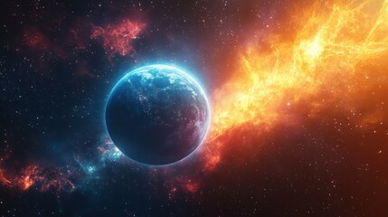 Obraz premium A blue planet with clouds, surrounded by fiery nebulae, in a deep space background.