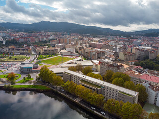 Aerial drone perspective of Pontevedra city. Famous travel destination in Galicia. River Lerez. Downtown of Pontevedra. Panoramic view of all region. Famous travel destination in Spain.