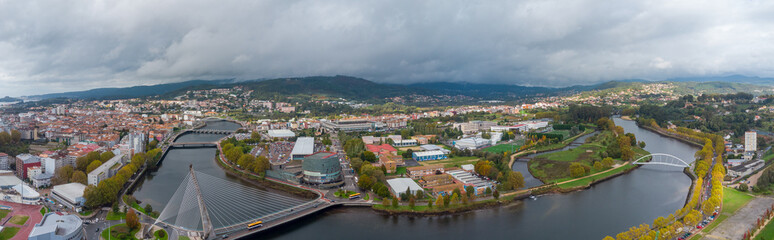 Aerial drone perspective of Pontevedra city. Famous travel destination in Galicia. River Lerez. Downtown of Pontevedra. Panoramic view of all region. Famous travel destination in Spain.