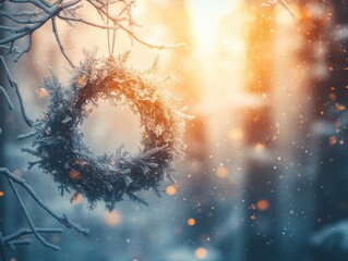 Snowy winter wreath hanging on a tree branch in a sunlit forest.