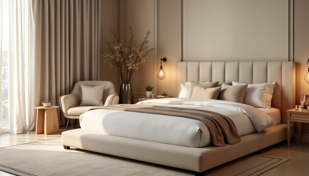 Modern bedroom interior features large upholstered bed, comfortable armchair. Beige walls curtains, bedding create calming neutral tones. Roomy space with natural light streaming through window.