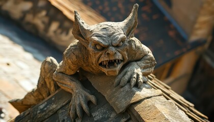 A detailed stone gargoyle perched on a rooftop, showcasing gothic architecture.