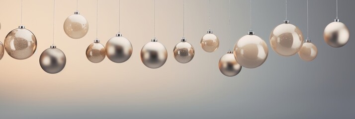 Obraz premium Hanging Christmas baubles creating a festive and elegant holiday atmosphere with shimmering metallic finishes on a soft gradient background