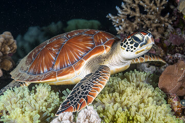 Underwater view of a turtle swimming near vibrant coral reef