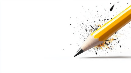 Yellow pencil with creative spark trails and exploding fragments on white background.