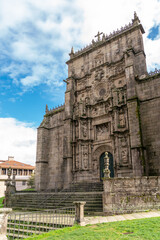 Fototapeta premium Pontevedra Cathedral - The Basilica of Saint Mary Major catholic church, dating from the 16th century. Located in the old town of Pontevedra. Beautiful architecture detail on facade. Travel 