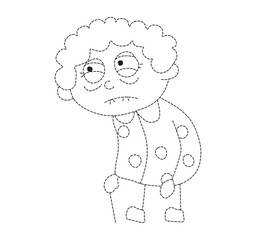 character of An old woman or old man with a stooped waist a pk dress, is walking to the left and looking  around.