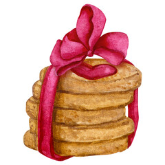 Stack of sugar cookies tied with ribbon. Sweet dessert for Valentine's Day, Birthday. Design elements for cards, menus, posters, etc. Watercolor illustration isolated on transparent background.