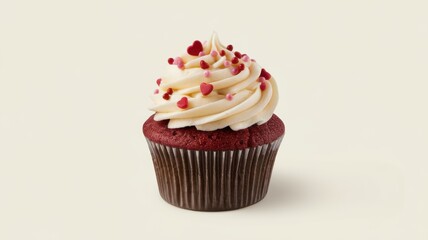 Delicious red velvet cupcake decorated with cream and heart-shaped sprinkles