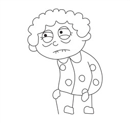 character of An old woman or old man with a stooped waist a pk dress, is walking to the left and looking  around.