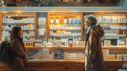 Fototapeta premium In a cozy pharmacy, an older man and a young woman chat by the counter. Both smile, surrounded by festive decorations and stocked shelves.
