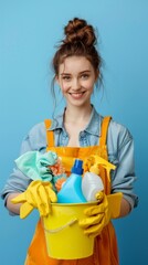 Smiling young woman in denim shirt and orange apron holds bucket with cleaning supplies against blue background, conveying positivity and readiness.