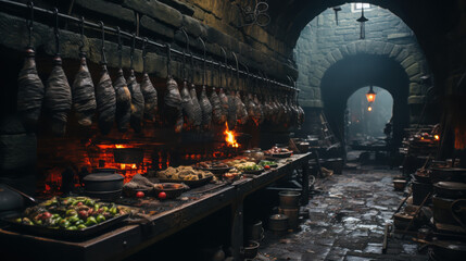 Obraz premium Preserving medieval meats techniques from a stone castle kitchen vintage tools in a historical setting soft lighting and textures