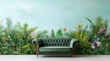 A white couch is sitting in front of a wall covered in paper flowers