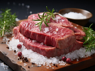Fototapeta premium Premium wagyu raw presentation minimalist white background food photography professional setting close-up view culinary elegance with water droplets
