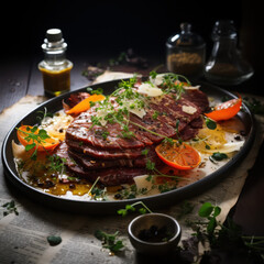 Artistic plating of prime beef carpaccio with olive oil drizzle and scattered herbs elegant restaurant gourmet cuisine fine dining experience